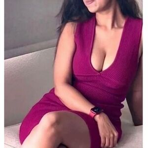 NEW House of Harlow Dress 1960 Plunge V-Neck Mini Bodycon Fuchsia Ribbed Small